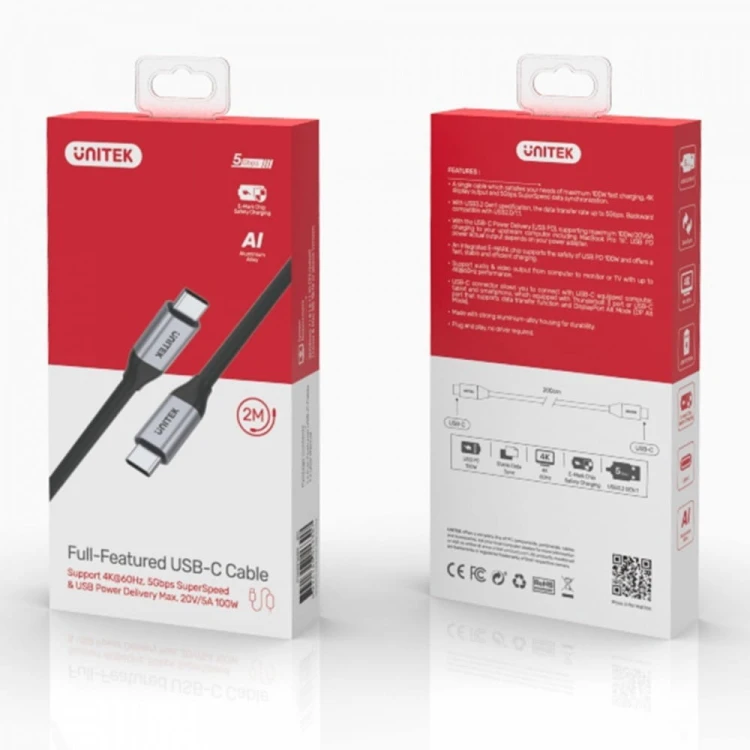 Unitek Kabel USB-C - USB-C PD 100W, 5Gbps, 4K60Hz, 2m, M/M; C14091ABK