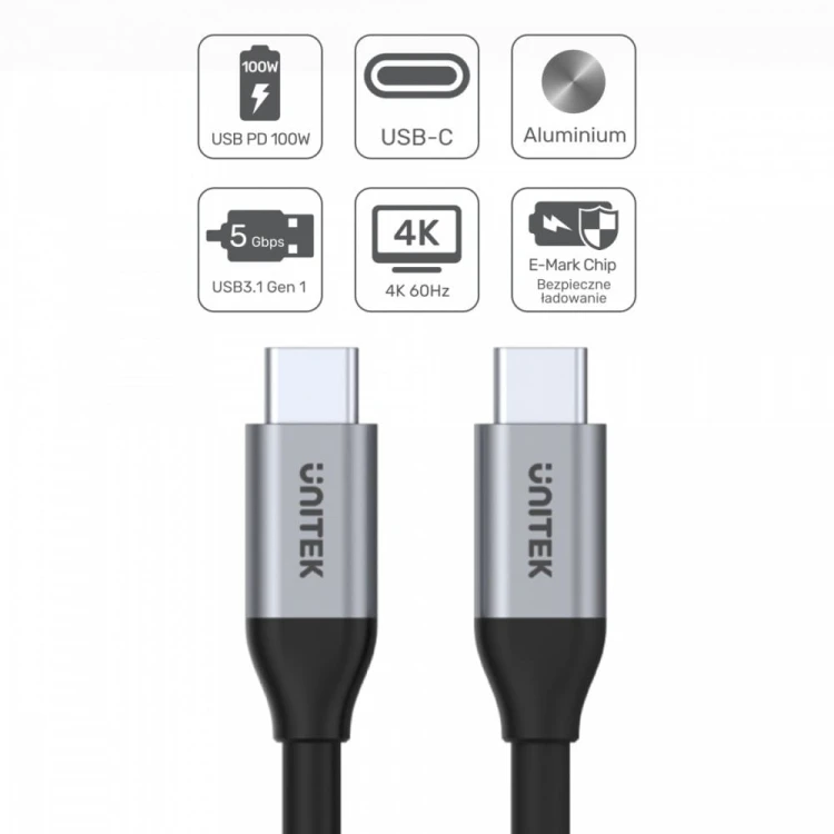 Unitek Kabel USB-C - USB-C PD 100W, 5Gbps, 4K60Hz, 2m, M/M; C14091ABK
