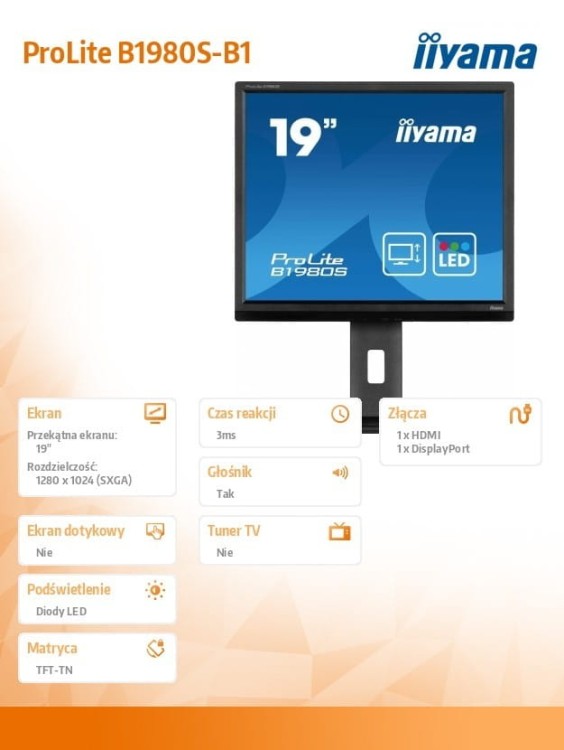 IIYAMA Monitor 19 cali B1980S-B1 HDMI,DP.PIVIOT,HAS/150mm