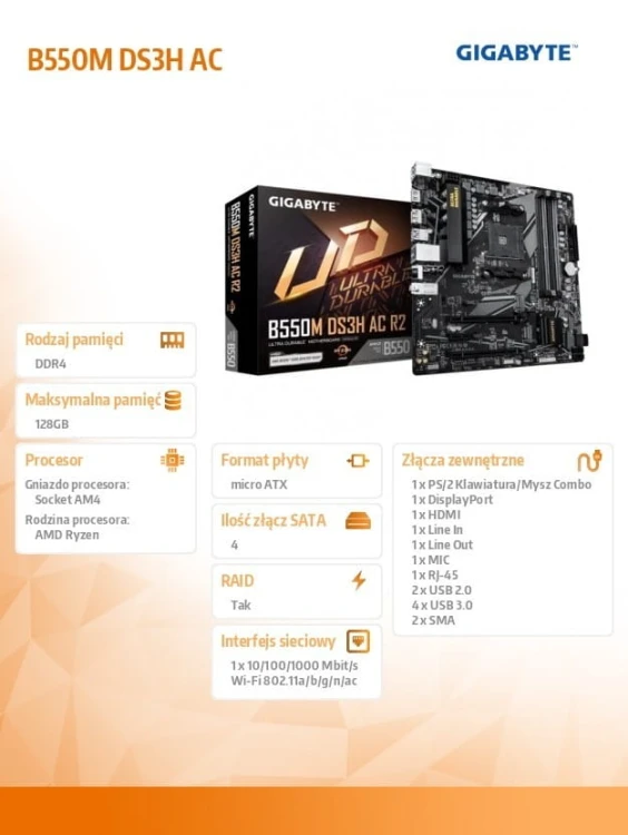 Gigabyte Płyta główna B550M DS3H AC R2 AM4 4DDR4 HDMI/DVI mATX