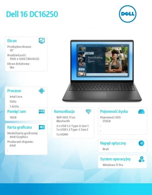Dell Laptop Dell 16 DC16250 W11P C5 120U/16GB/512GB/16.0 FHD+/Int/FgrPr/WLAN + BT/Backlit Kb/3 Cell/3YPS Carbon Black