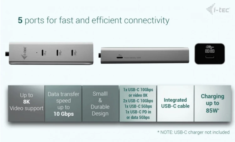 i-tec HUB USB-C Charging Metal 5 port with USB-C video 8K + Power Delivery 85W