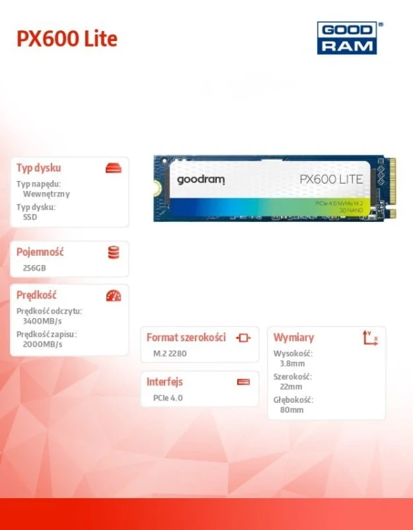 GOODRAM Dysk SSD PX600 Lite 256GB M.2 Gen4x4 NVMe 2280 3400/2000MB/s