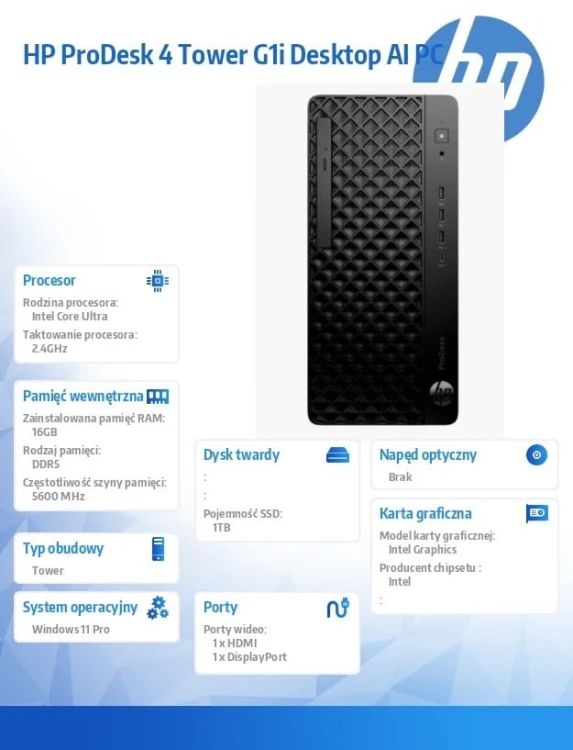 HP Inc. ProDesk 4 Tower G1i Desktop AI PC U7-265 1TB/16/W11P      9H7U8ET