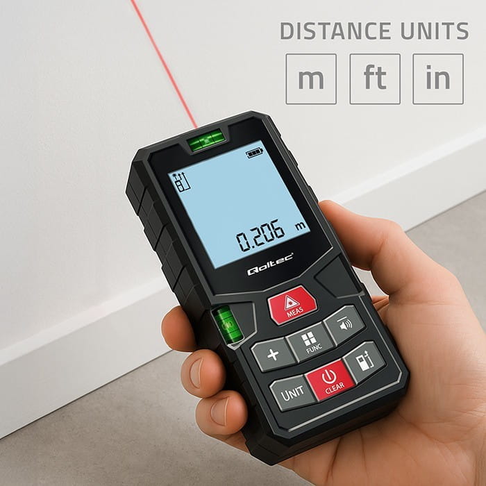 Qoltec Cyfrowy dalmierz laserowy z poziomicą | podświetlany LCD | 120m
