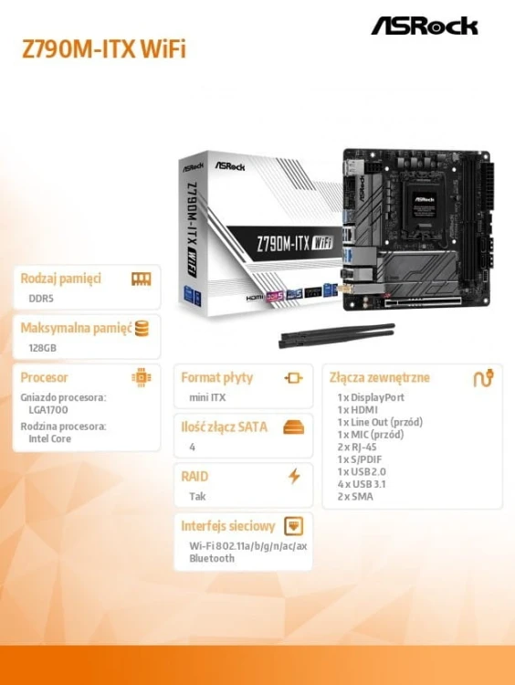 ASRock Płyta główna Z790M-ITX WIFI S1700 2DDR5 HDMI M.2 mITX