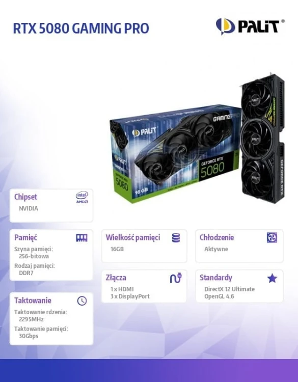Palit Karta graficzna RTX 5080 GAMING PRO 16GB GDDR7 256bit 3DP/HDMI