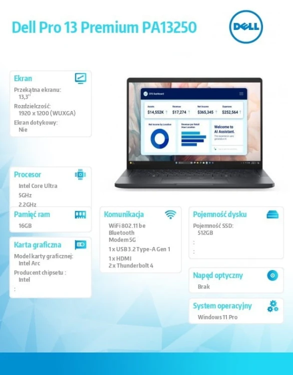 Dell Laptop Dell Pro 13 Premium PA13250 W11P U7-266V/16GB/512GB SSD/13.3 FHD+/Arc/FgrPr/Cams&Mic/5G WWAN+BT/BcklKb/3C/vPro/3YPS Magnesium