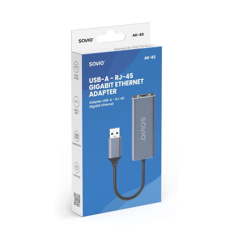 Savio  Adapter USB-A do RJ-45 Gigabit Ethernet AK-83