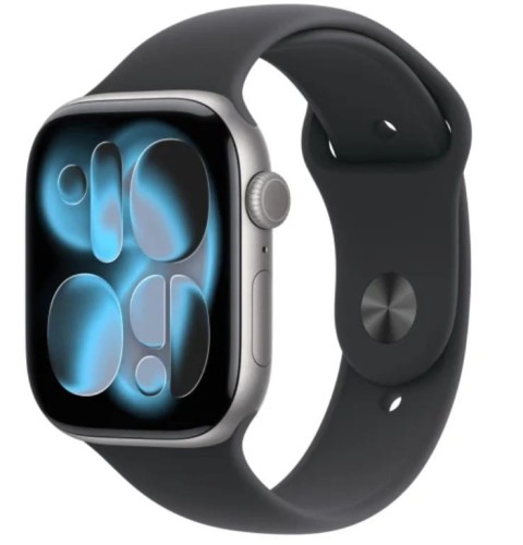 Apple Watch Series 11 GPS koperta 42 mm z aluminium w kolorze gwiezdnej szarości, pasek sportowy w kolorze czarnym - rozmiar M/L