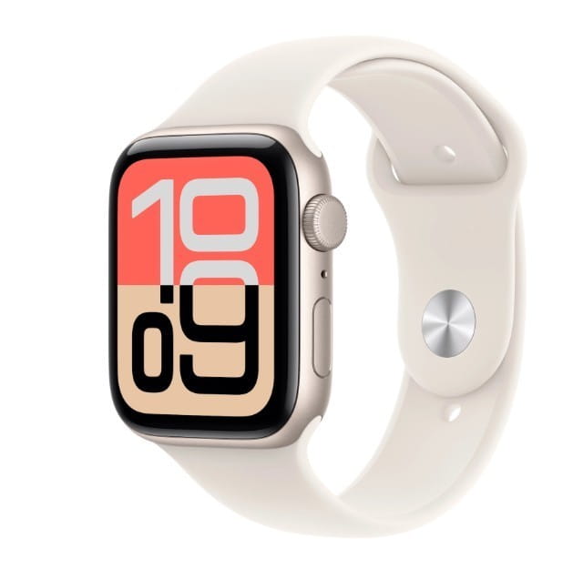 Apple Watch SE 3 GPS+Cellular koperta 44 mm z aluminium w kolorze księżycowej poświaty, pasek sportowy w kolorze księżycowej poświaty - rozmiar M/L