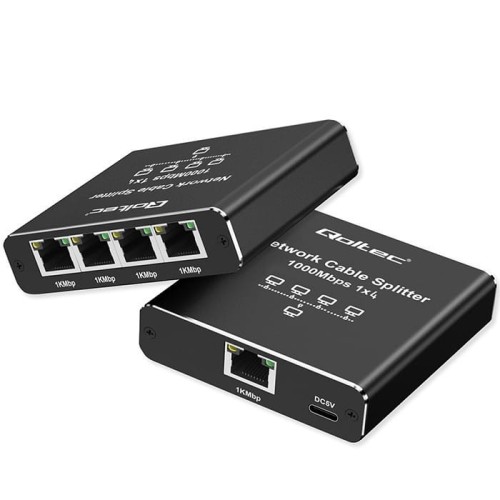 Qoltec Rozdzielacz splitter Ethernet  mini SWITCH 1x4 RJ45 | 1000Mb/s | USB-C | Aluminium
