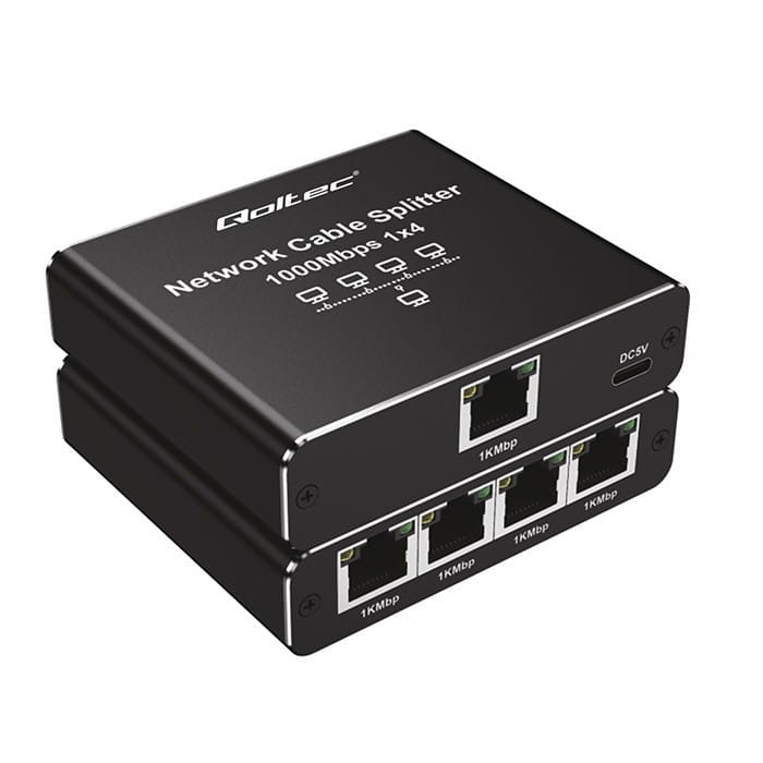 Qoltec Rozdzielacz splitter Ethernet  mini SWITCH 1x4 RJ45 | 1000Mb/s | USB-C | Aluminium