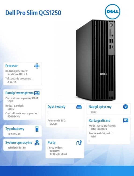 Dell Desktop Pro Slim QCS1250 Win11Pro U7 265/16GB/512GB SSD/INT/Kb/TPM/3Y ProSupport