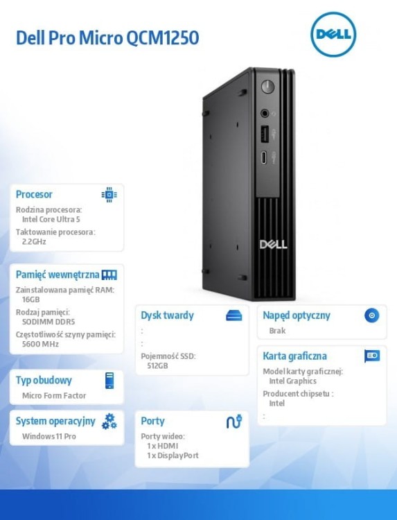 Dell Komputer Pro Micro QCM1250 Win11Pro U5 235T/16GB/512GB/INT/WLAN+BT/Kb/90W/TPM/3Y ProSupport