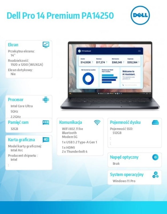 Dell Laptop Dell Pro 14 Premium PA14250 W11P U7-268V/32GB/512GB SSD/14.0 FHD+/Arc/FgrPr/Cams&Mic/5G WWAN+BT/BcklKb/3C/vPro/3YPS Magnesium
