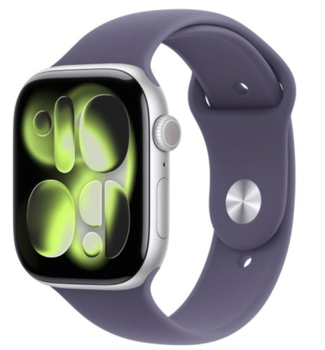 Apple Watch Series 11 GPS koperta 42 mm z aluminium w kolorze srebrnym, pasek sportowy w kolorze mlecznego fioletu - rozmiar S/M
