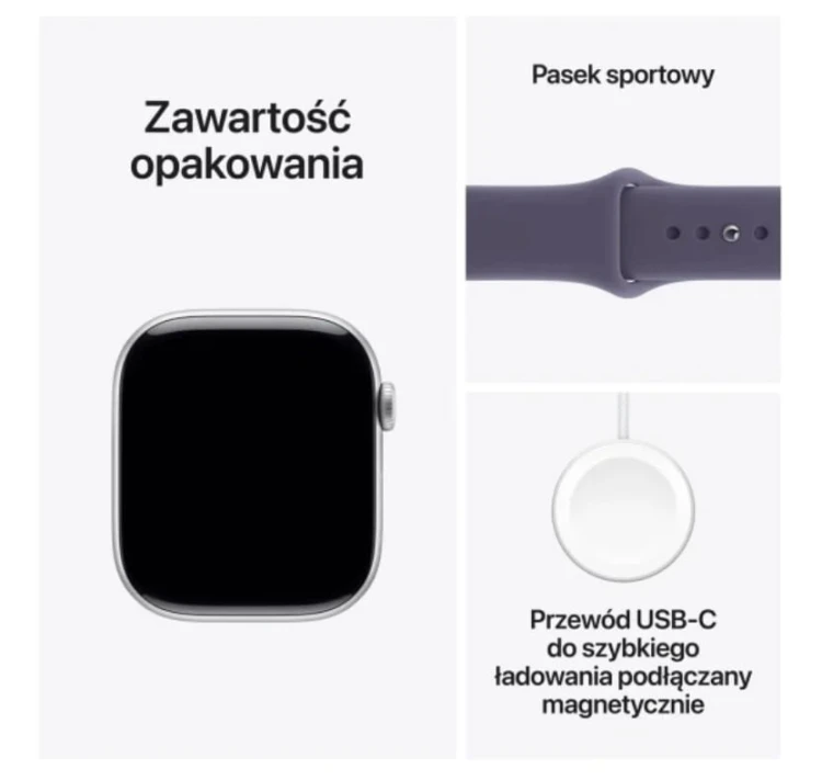 Apple Watch Series 11 GPS koperta 42 mm z aluminium w kolorze srebrnym, pasek sportowy w kolorze mlecznego fioletu - rozmiar S/M