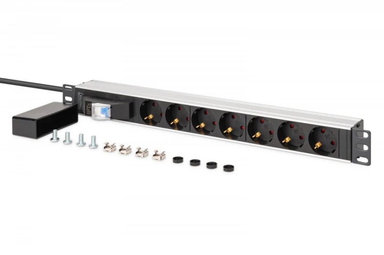 Digitus Listwa zasilająca PDU Rack 19" z wyłącznikiem nadprądowym Typ C 16A, 7 gniazd Schuko CEE 7/3 (45°), kabel 1,8m wtyk Unischuko CEE 7/7, 16A, al