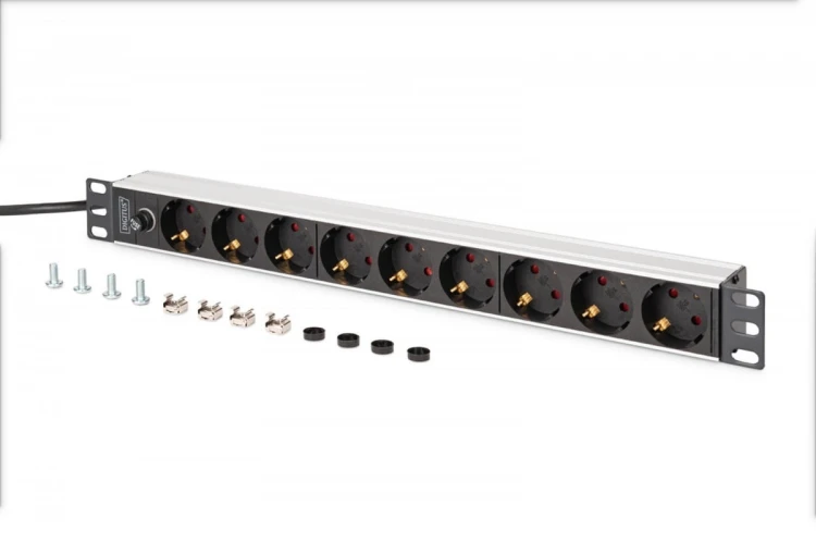 Digitus Listwa zasilająca PDU Rack 19" z bezpiecznikiem przeciążeniowym, 9 gniazd Schuko CEE 7/3 (45°), kabel 2m wtyk IEC C14, 10A, aluminiowa