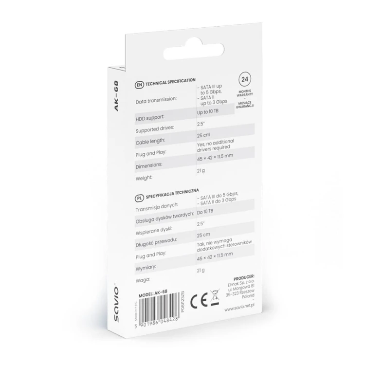 Savio Adapter USB-C 3.1 Gen 1 (M) - SATA (F) do dysków 2.5 cala , AK-68