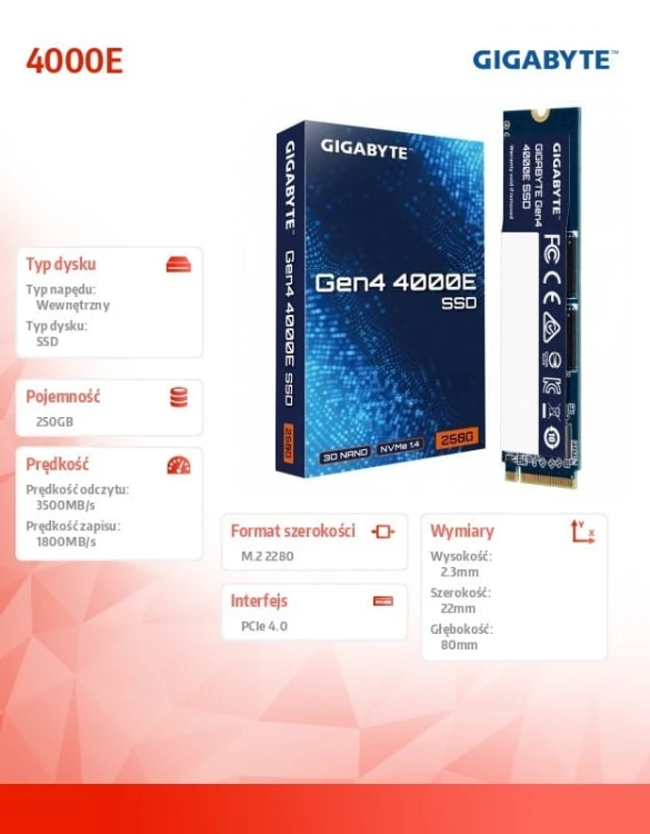 Gigabyte Dysk SSD NVMe 1.4 Gen4 250GB M.2 2280 3500/1800MB/s