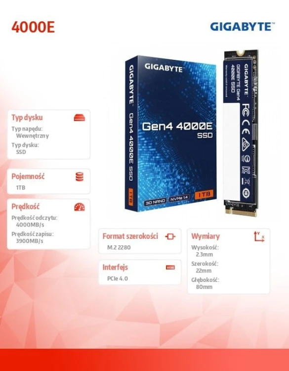 Gigabyte Dysk SSD NVMe 1.4 Gen4 1TB M.2 2280 4000/3900MB/s