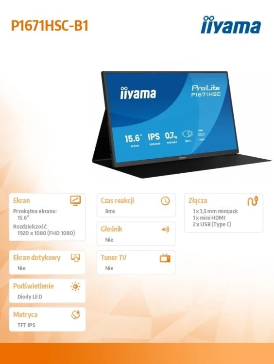 IIYAMA Monitor 15.6 cala P1671HSC-B1 IPS,FHD,miniHDMI,2xUSBC,250cd,8ms,2x1W,  0,7kg