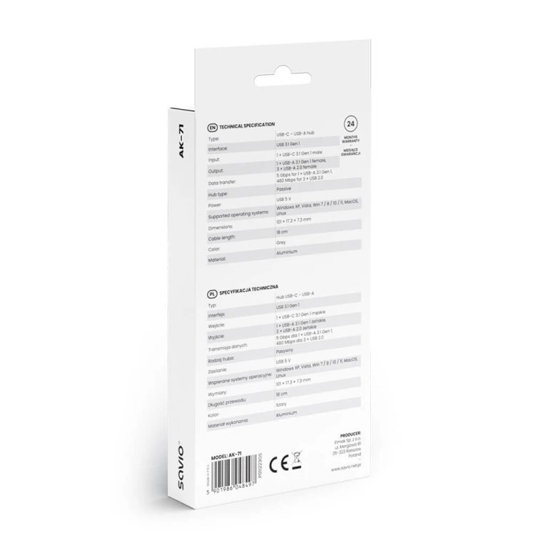 Savio Hub 4 porty USB-C - 3 x USB-A 2.0, 1 x USB-A 3.1 3.1 GEN 1, 5 Gbps, AK-71