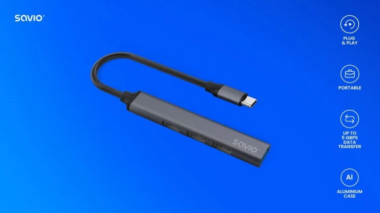 Savio Hub 4 porty USB-C - 3 x USB-A 2.0, 1 x USB-A 3.1 3.1 GEN 1, 5 Gbps, AK-71