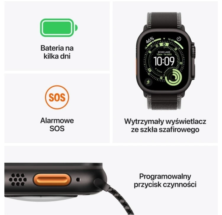 Apple Watch Ultra 3 GPS + Cellular koperta 49 mm z tytanu w kolorze czarnym, opaska Trail w kolorze czarnym/wÄgla drzewnego - rozmiar S/M