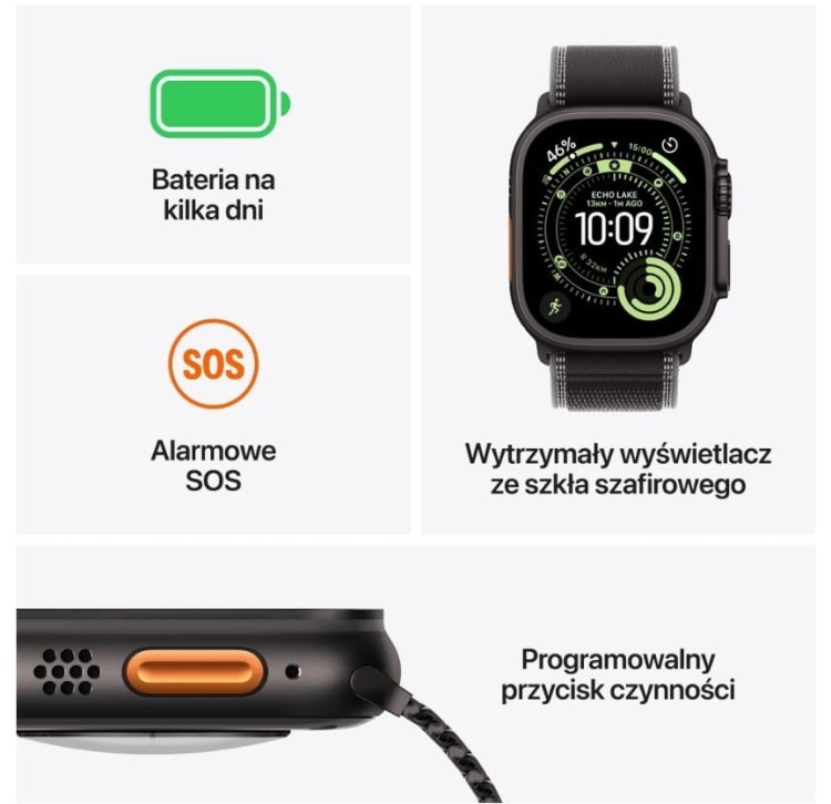 Apple Watch Ultra 3 GPS + Cellular koperta 49 mm z tytanu w kolorze czarnym, opaska Trail w kolorze czarnym/wÄgla drzewnego - rozmiar M/L