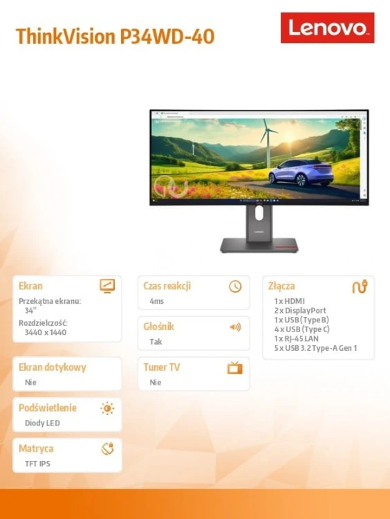 Lenovo Monitor ThinkVision P34WD-40 34 cale 64ADZAT1EU