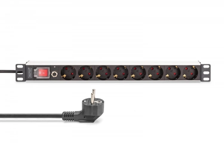 Digitus Listwa zasilająca PDU Rack 19" z zabezpieczeniem przeciążeniowym, 8 gniazd Schuko CEE 7/3 (45°), kabel 2m wtyk Unischuko, 16A, aluminiowa