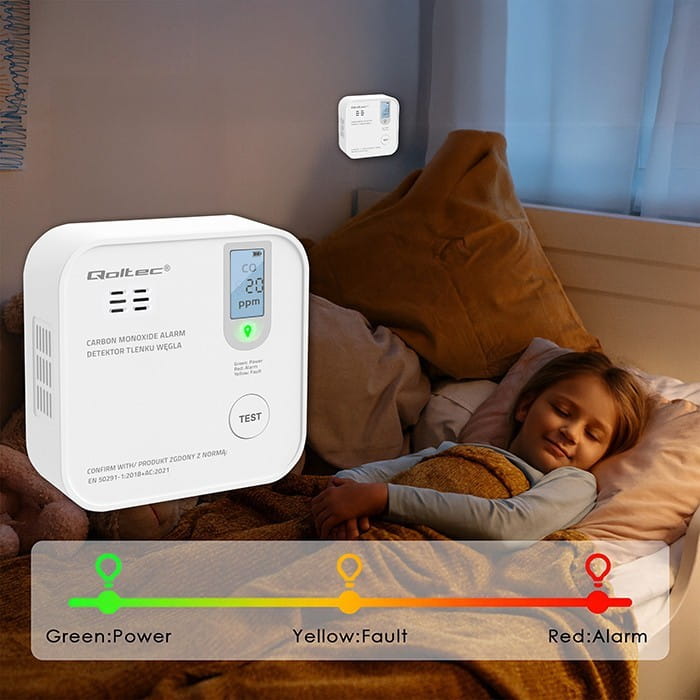 Qoltec Czujnik tlenku węgla z baterią | alarm 85dB | LED