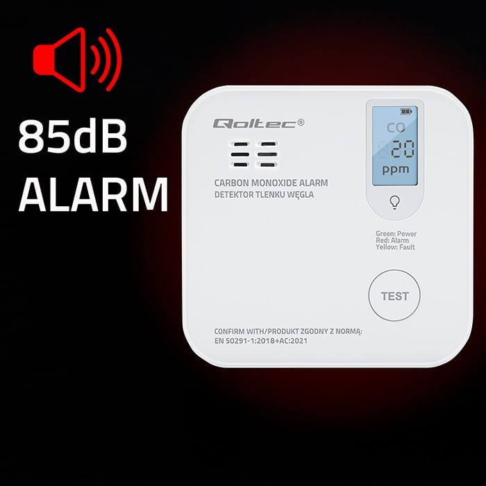 Qoltec Czujnik tlenku węgla z baterią | alarm 85dB | LED