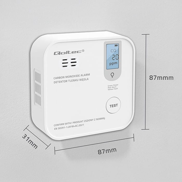 Qoltec Czujnik tlenku węgla z baterią | alarm 85dB | LED