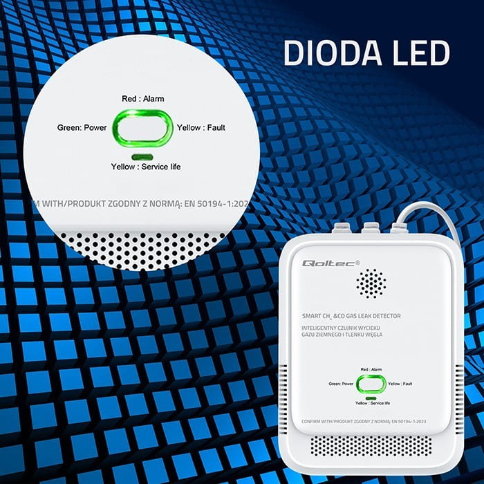 Qoltec Czujnik wycieku gazu i tlenku węgla | alarm 85dB | LED