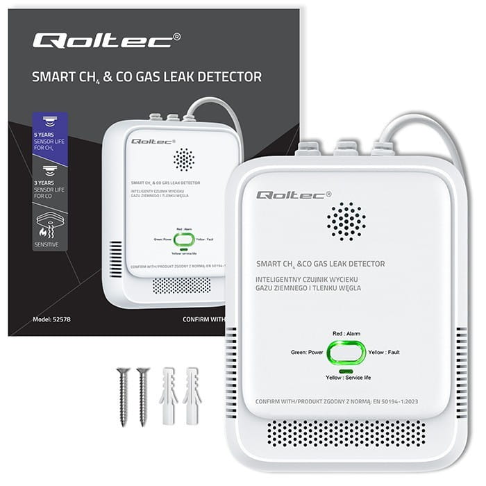 Qoltec Czujnik wycieku gazu i tlenku węgla | alarm 85dB | LED