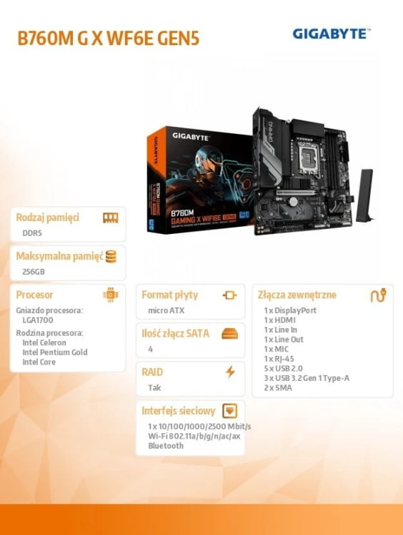 Gigabyte Płyta główna B760M GAMING X WIFI6E GEN5 S1700 4DDR5 mATX
