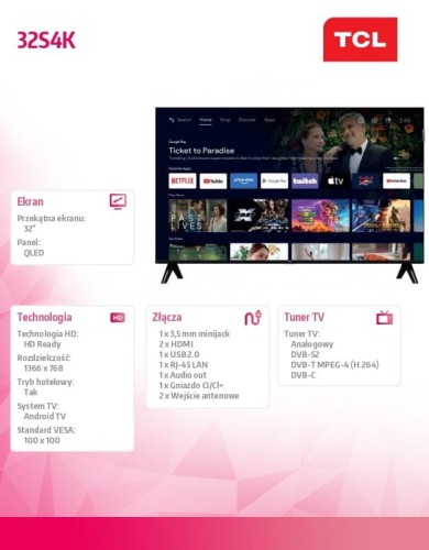 TCL Telewizor LED 32 cale 32S4K