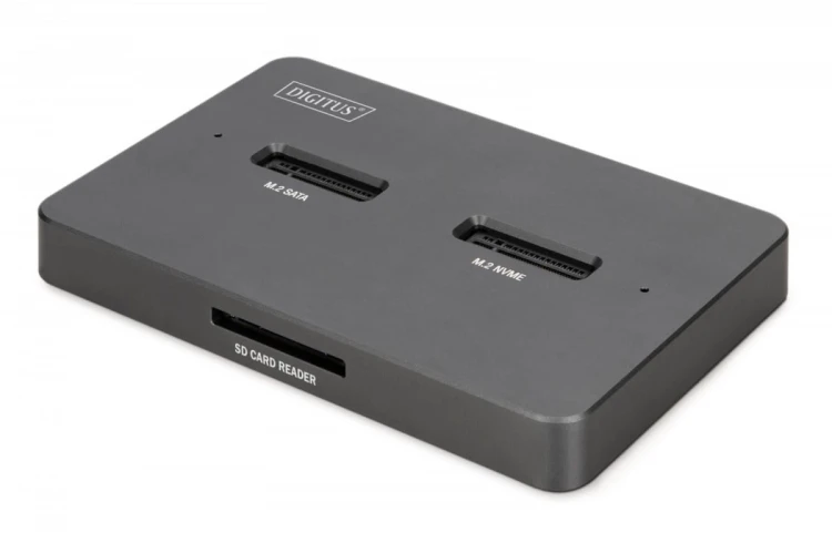 Digitus Stacja dokująca USB-C 3.2 Gen2 dla dysków SSD M.2 Duo NVMe oraz SATA (max. 2x 4 TB) z czytnikiem kart SD-Express 7.1 (max. 2 TB), czarna