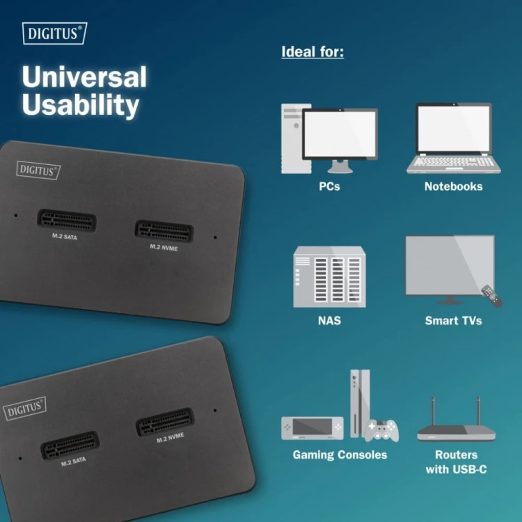 Digitus Stacja dokująca USB-C 3.2 Gen2 dla dysków SSD M.2 Duo NVMe oraz SATA (max. 2x 4 TB) z czytnikiem kart SD-Express 7.1 (max. 2 TB), czarna