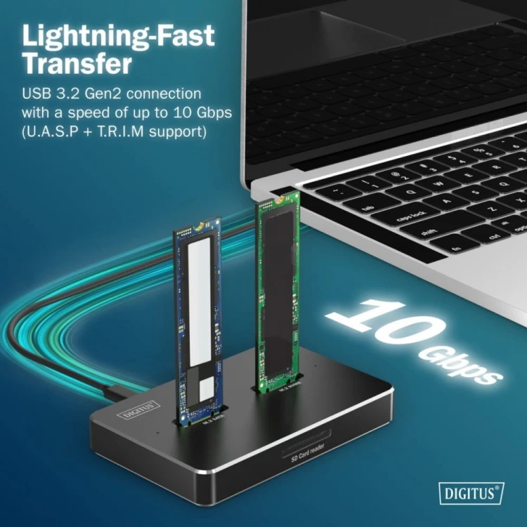 Digitus Stacja dokująca USB-C 3.2 Gen2 dla dysków SSD M.2 Duo NVMe oraz SATA (max. 2x 4 TB) z czytnikiem kart SD-Express 7.1 (max. 2 TB), czarna
