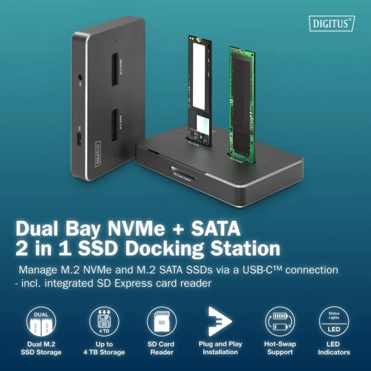 Digitus Stacja dokująca USB-C 3.2 Gen2 dla dysków SSD M.2 Duo NVMe oraz SATA (max. 2x 4 TB) z czytnikiem kart SD-Express 7.1 (max. 2 TB), czarna