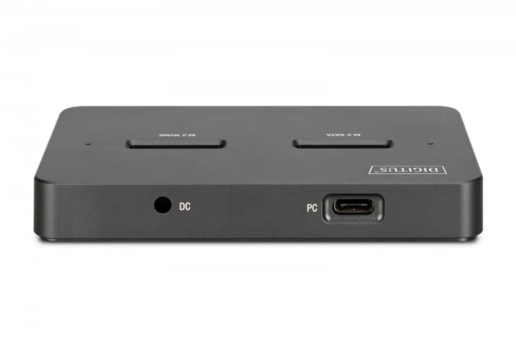 Digitus Stacja dokująca USB-C 3.2 Gen2 dla dysków SSD M.2 Duo NVMe oraz SATA (max. 2x 4 TB) z czytnikiem kart SD-Express 7.1 (max. 2 TB), czarna