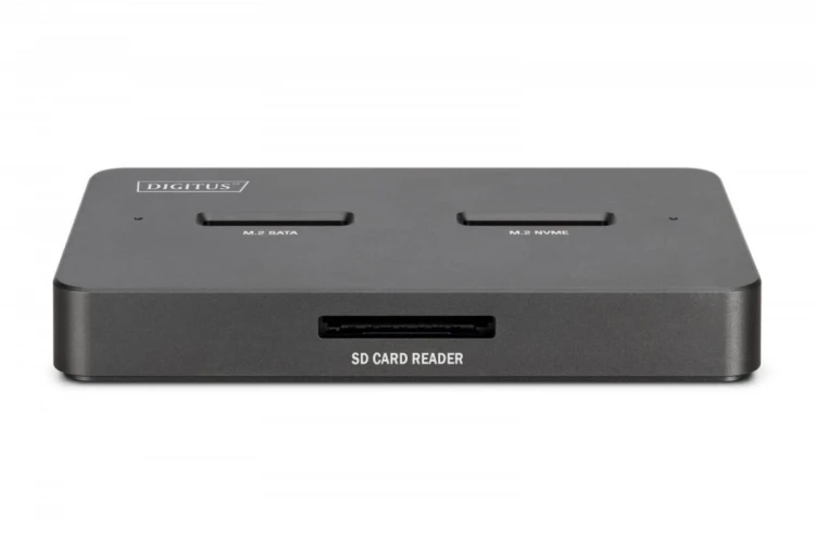Digitus Stacja dokująca USB-C 3.2 Gen2 dla dysków SSD M.2 Duo NVMe oraz SATA (max. 2x 4 TB) z czytnikiem kart SD-Express 7.1 (max. 2 TB), czarna