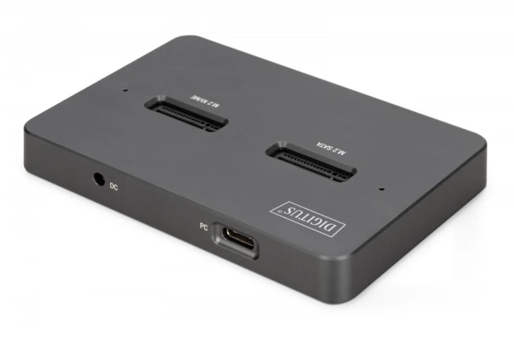 Digitus Stacja dokująca USB-C 3.2 Gen2 dla dysków SSD M.2 Duo NVMe oraz SATA (max. 2x 4 TB) z czytnikiem kart SD-Express 7.1 (max. 2 TB), czarna