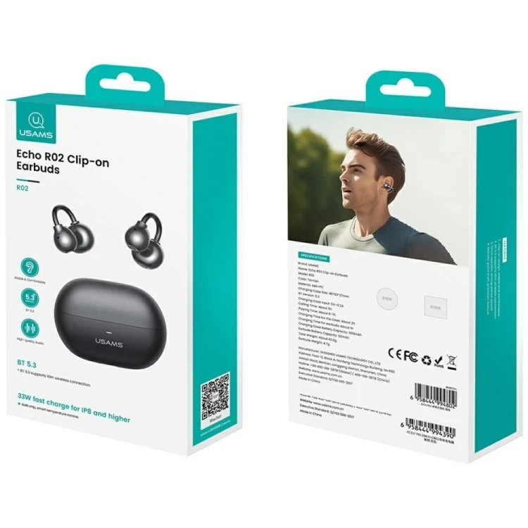 USAMS Słuchawki bluetooth R02 Clip-on szare