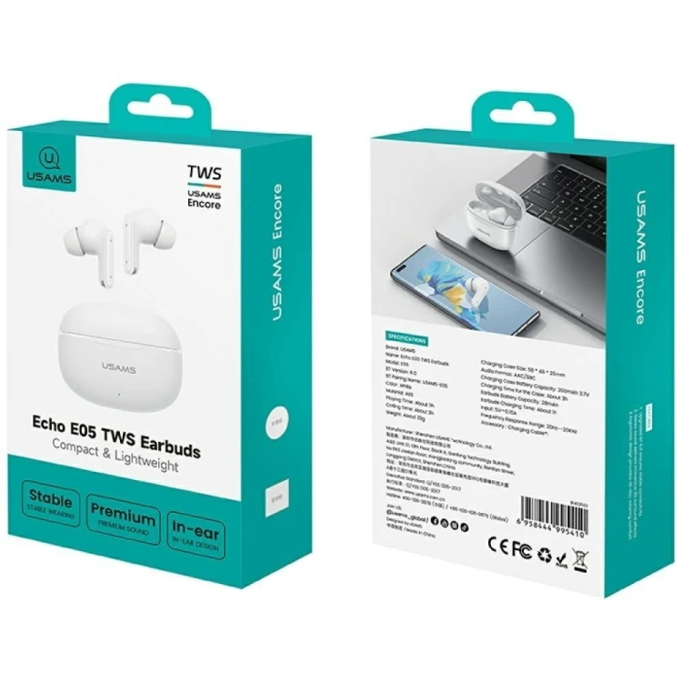 USAMS Słuchawki bluetooth 6.0 E05 TWS białe